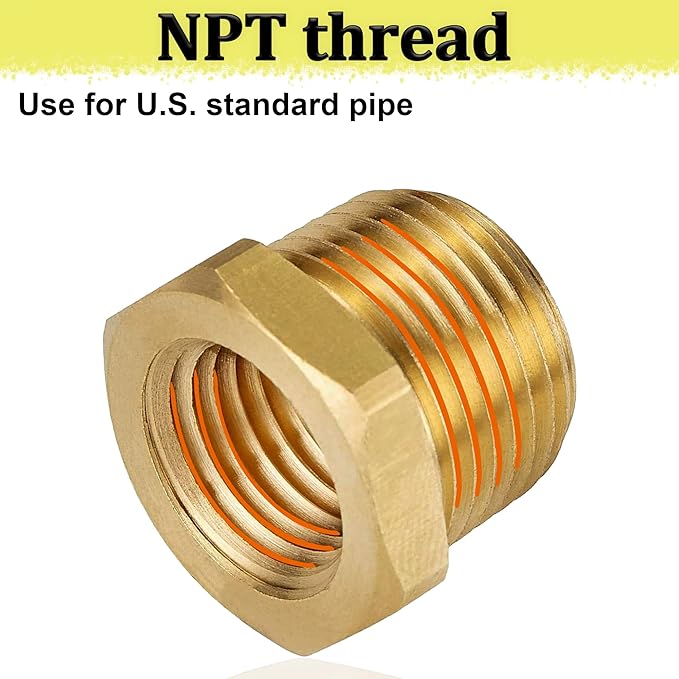 ZOUNI 2pcs Brass Reducer Hex Bushing, 3/4" NPT Male to 3/8" NPT Female Heavy Duty Brass Threaded Pipe Fitting Reducer Adapter Apply for 0.92" I.D. and 0.64"O.D. Pipe