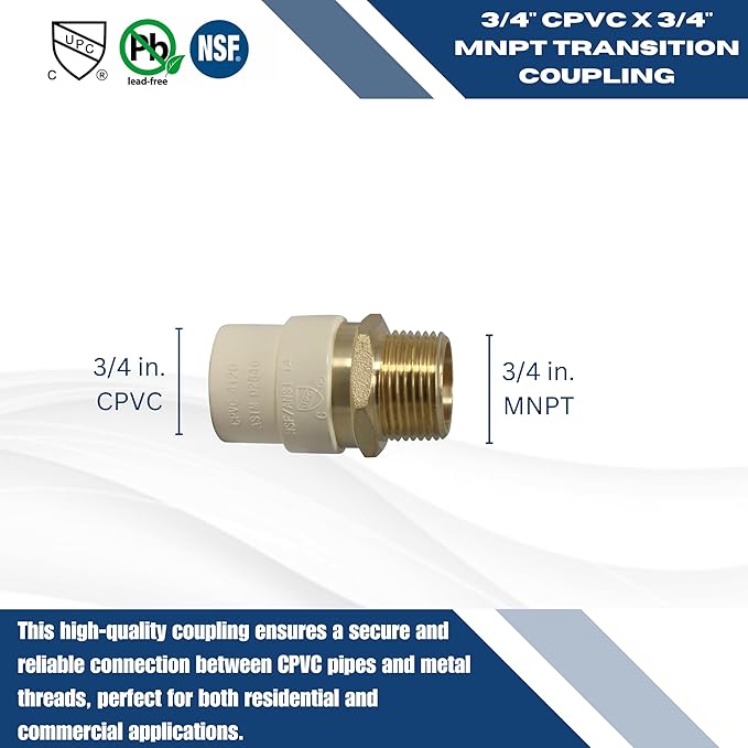 XFITTING CPVC Transition Coupling, 3/4 inch CPVC x 3/4 inch MNPT, Pack of 25