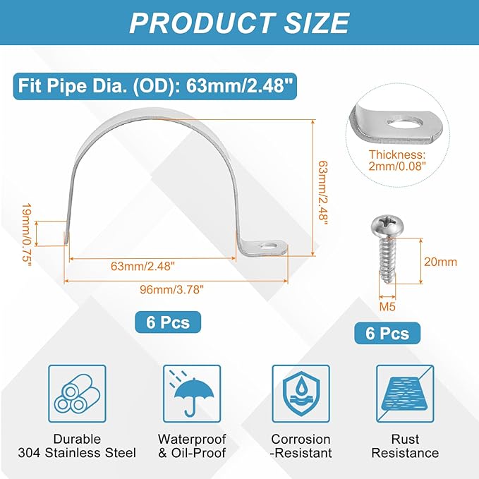 uxcell 6Pcs 63mm(2-1/2") One Hole Rigid Pipe Strap, 304 Stainless Steel Conduit Clamp Thicken U Bracket Heavy Duty Pipe Clamp with Self-Tapping Screws for Fixing Tube Cable, Silver
