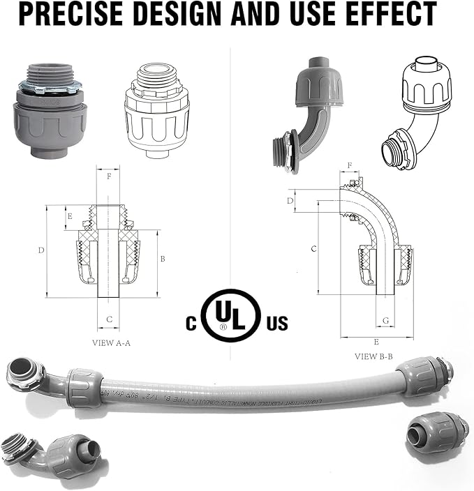 1/2" Liquid Tight Connector PVC Electrical Conduit Fittings Flexible Conduit Connector for Home Kitchen Bathroom Tube Tool Supplies,Meet UL Listed(180 Straight/90Degree,30 Pack)