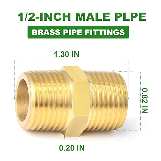 TAISHER 2PCS Brass Pipe Fitting Adapter, Hex Nipple, 1/2-Inch Male Pipe x 1/2-Inch Male Pipe