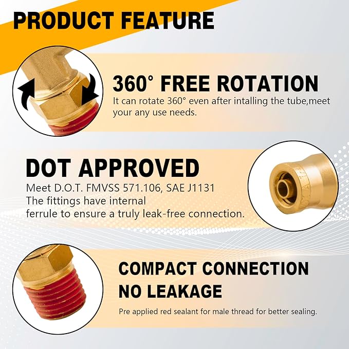 1/4" 90 Degree Elbow Union Brass DOT Push to Connect Air Line Fittings, 1/4" OD Tube x 1/4" NPT Air Brake Line Quick Fitting Connectors for Truck Trailers or Industry Air System(5PCS)