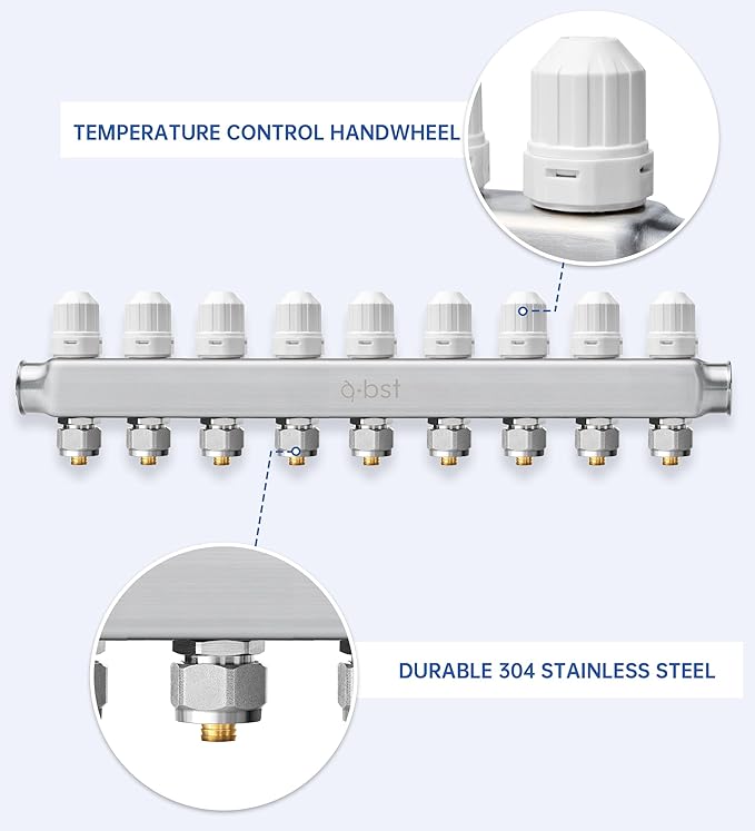 ABST PEX Manifold,9 Loop Stainless Steel Floor Radiant Heat Manifold Kit with 1/2" Adapters Included for Hydronic Radiant Floor Heating