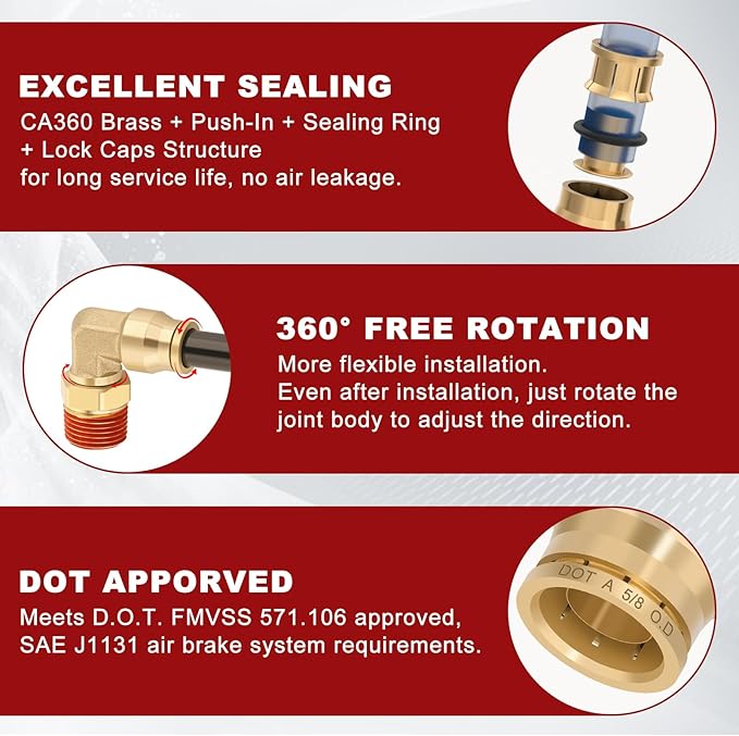 5/8" Quick Push to Connect Fittings Brass 90 Degree Union Swivel Elbow Joint DOT Approved 5/8" Tube OD x 1/2" NPT Thread Air Brake Line Adapter Air Suspension Kit for Car Truck Trailers 5pcs