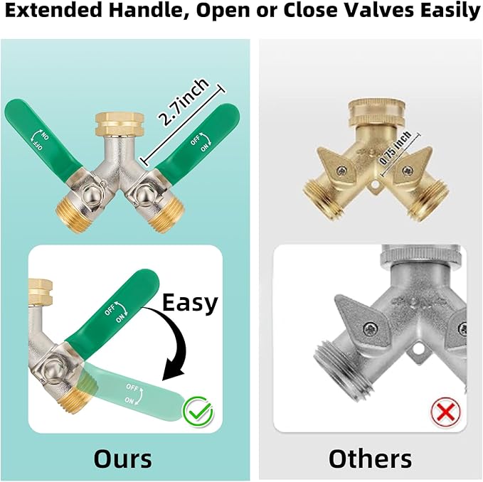 2 Way Hose Splitter, Brass High Flow Garden Hose Splitter Heavy Duty, Hose Connector, Water Spigot Splitter, Full Flow Faucet Splitter with shutoff, 3/4” GHT Inlet