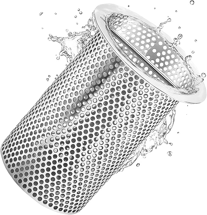 4" Diameter Commercial Floor Drain Strainer 6" Tall Perforated Cylindrical Mesh 316 Stainless Steel Drain Basket with Carry Handle –heavy-duty, for Restaurants, Kitchens, Factories