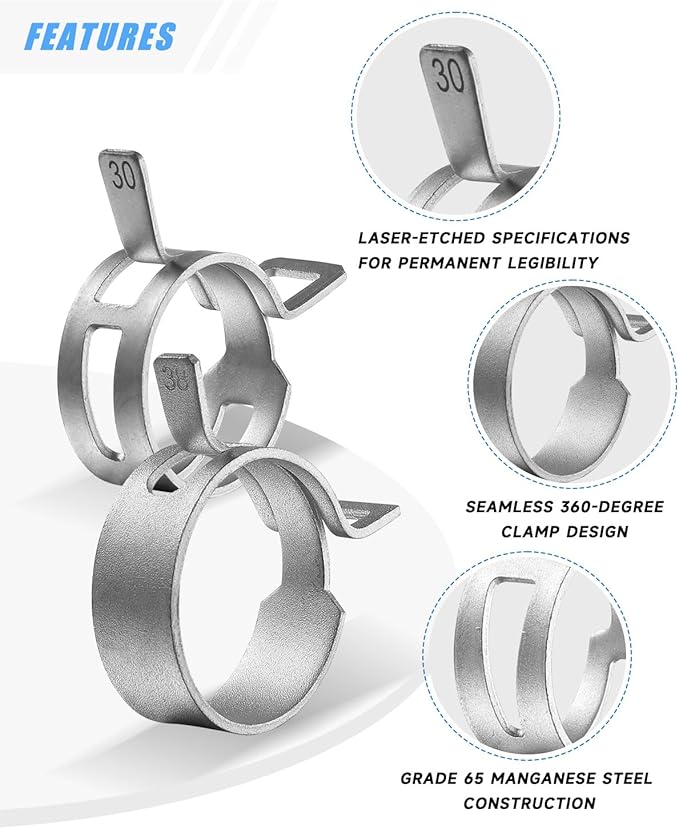 180Pcs 5/16" to 1-1/2"(7-38mm) All Size Spring Band Hose Clamps Assortment Kit with Swivel Flat Hose Clamp Plier, SEKSUALA Constant Tension Steel Clamps for Fuel Lines, Silicone,Vacuum Hoses (Grey?