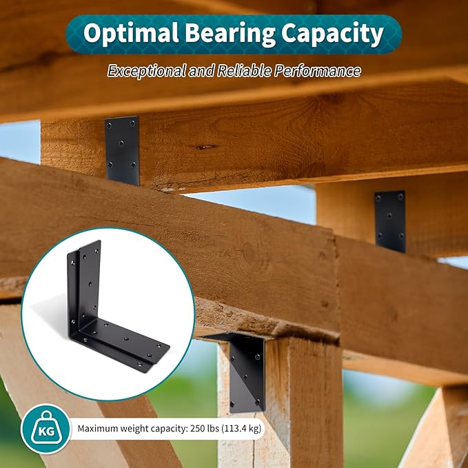 6" x 6" x 2-3/8" Heavy Duty Steel L Angle Corner Bracket, 90 Degree Support Bracket for Wood Beams Pergolas Shelves Furniture, Thickness 0.15", Max Load 250 lbs, 4 Pack