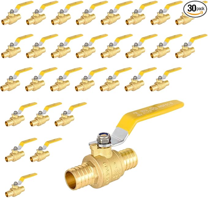 30 Pack Ball Valves, 1" Pex Crimp Shut Off Valve Yellow, Brass Full Port Pex B Shut Off Ball Valve for Hot and Cold Water, NSF/ANSI 61 Certified