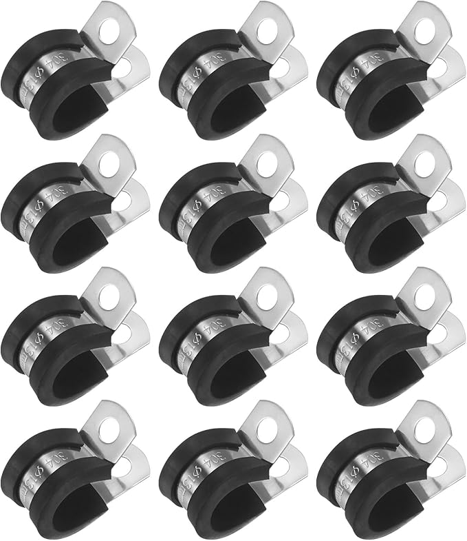 12-Pack Cable Clamps, 33/64 Inch/ 13 mm 304 Stainless Steel Rubber Cushioned Insulated Cable Clamp R Shape Metal Holder for Tube/Wire/Pipe/Loop Installation