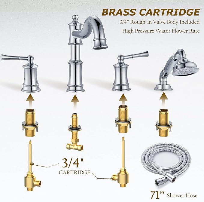 Roman Bathtub Faucet Set With Hand Shower 4 Hole Deck Mount Tub Filler With Diverter, 2 Lever Handle Rough-in Valve and Water Supply Lines Included for Bathroom Tub, Chrome