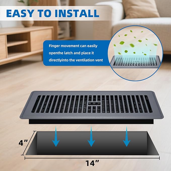 Floor Register 4x14-4 Pack Floor Vents Covers Heavy Duty Steel Walkable Floor Grates Vent Covers for Home Floor Intermediate Switch Design Adjustable Air Vent Covers for Sidewall and Floor, Gray