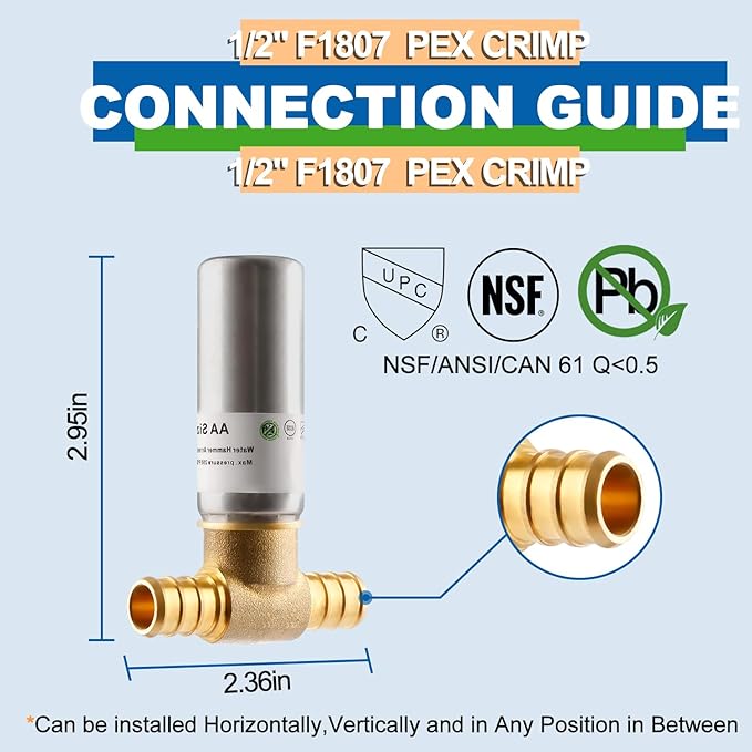 Stainless Steel Water Hammer Arrestor, 1/2 Inch Pex Crimp Tee Hammer Arrestor For Potable Water Plumbing Application, F1807 Tee Connection