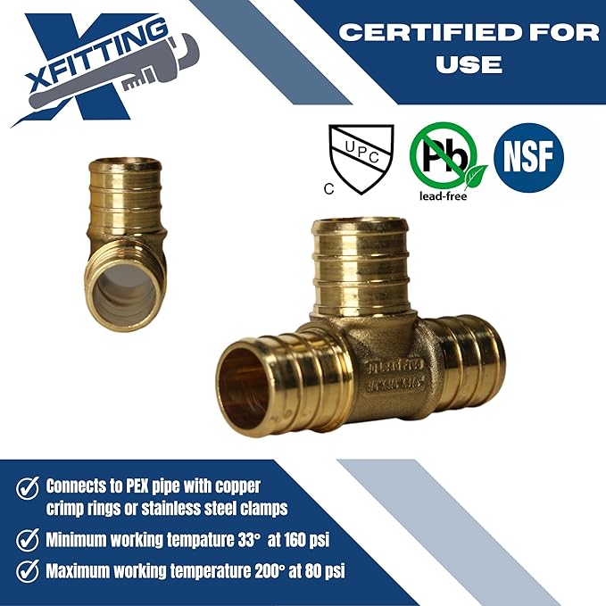 XFITTING 3/4 inch x 3/4 inch x 3/4 inch Pex Tee, Pex B Crimp Version 23-2-3=100X, 100 Pieces
