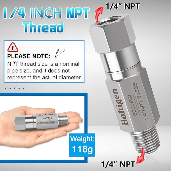 Boltigen 1/4 NPT In-line Ball Check Valve, Stainless Steel 316 One Way No Return Check Valve, High Pressure 6000PSI Spring Check Valve for Well, Pump, Tank, Backflow Prevention, Horizontal, Vertical