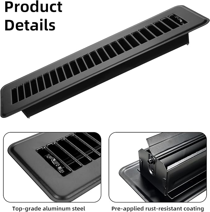 Floor Register Vents 2x10 Inch, Heavy Duty Walkable Floor Vent Covers for Home Floor Sidewall Office or Ceiling Vent, Adjustable Premium Finish Steel Floor Vent Cover 1 Pcs, Black