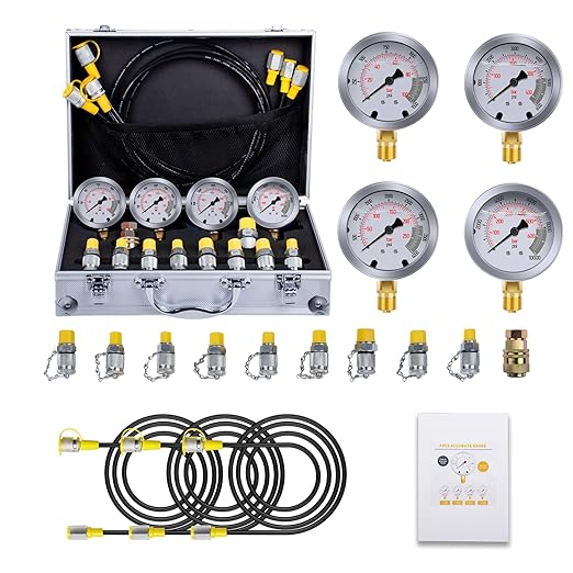 Hydraulic Pressure Test Kit with 4 Gauges (Max 10,000 PSI), 10 Test Couplings, 3 Test Hoses, Hydraulic Gauge Tester Set for Excavators, Construction Machinery, and Mining.