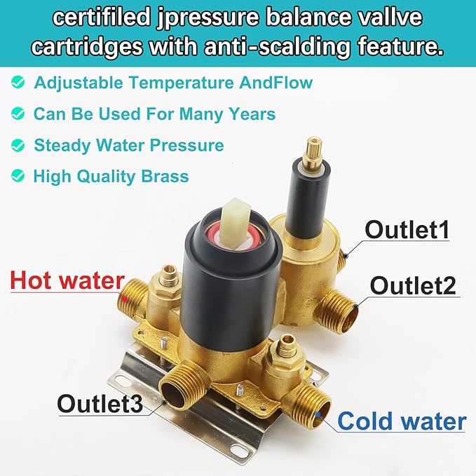 3 Way Shower Diverter Valve Wall Mount Pressure Balancing Shower Diverter Mixing Valve 3 Way Replacement Brass Mixer Kit Matte Black