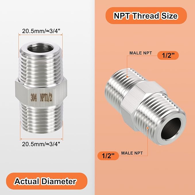 6 Pack 304 Stainless Steel Male to Male Adapter, 1/2" Male NPT x 1/2" Male NPT Hex Nipple Pipe Extension Fitting for Industrial, Automotive, Fluid Transfer, Home Gardening, Water