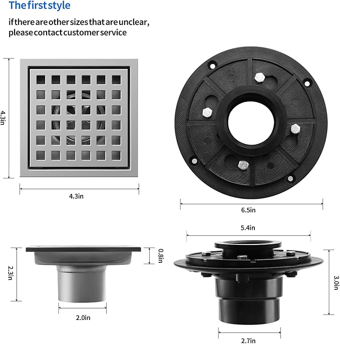 Shower Drain, Chrome 4 inch Square Shower Floor Drain with Flange, Silver Removeable Grid Panel SUS 304 Stainless Steel Square Shower Drain