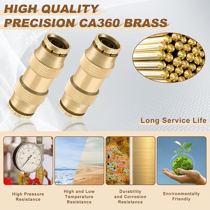 3/8" Quick Push to Connect Fittings Brass Union Straight Joint DOT Approved 3/8 inch tube OD Air Line Adapter Air Spring Suspension Kit for Car Truck Trailers and Air Brake System 10pcs