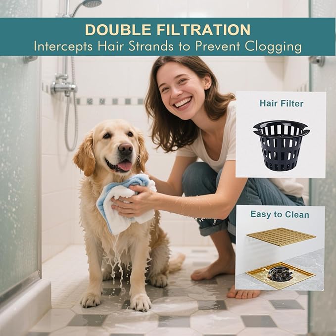 4-1/4" Square Shower Drain Kit - Champagne Bronze 304 Stainless Steel Low Profile Floor Drain with ABS Flange & Hair Catcher (Fits 2"/3" Pipes, Gold Finish)