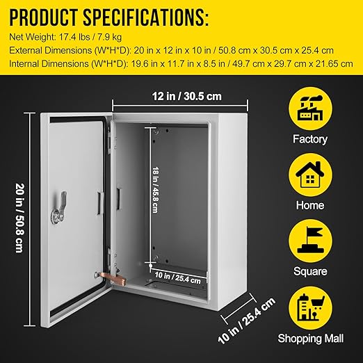 Outdoor Electrical Box, 20x12x10 Steel Junction Box, NEMA 4X Electrical Enclosure Box IP66 Waterproof & Dustproof, Universal Electrical Project Box with Lock & Mounting Plate