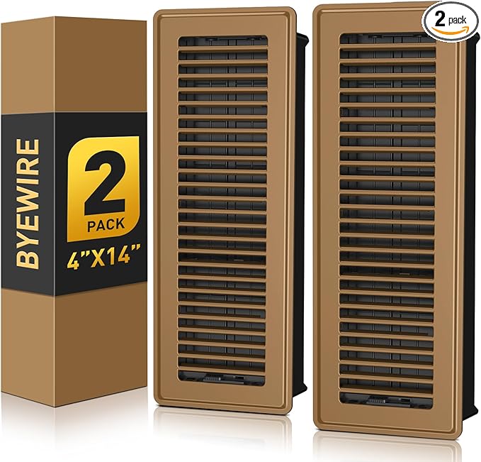 Floor Register 4x14, Adjustable Floor Vent Covers for Home Floor, Wall, Heavy Duty Walkable Steel Floor Vents, Rust-Proof Register Vent Cover, 2 Pack Value Set, Brown