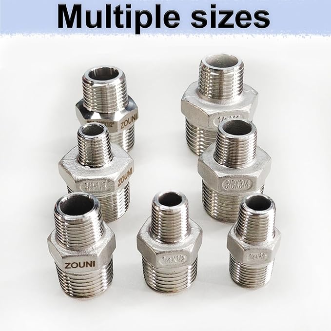 ZOUNI Reducing Hex Nipple, 304 Stainless Steel 1/2" NPT Male x 1/4" NPT Male Pipe Fitting Reducer Nipple Adapter 2000psi Reducer Straight Connector (2pcs, 1/2-1/4)