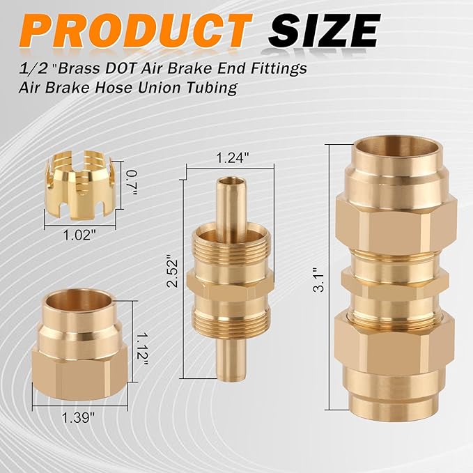 Brass 2PCS 1/2” OD Union Tube with 4 PCS Fitting Sleeve Tube, Air Brake Hose Fittings for Air Brake Systems,perfect for industrial use or trucks trailers