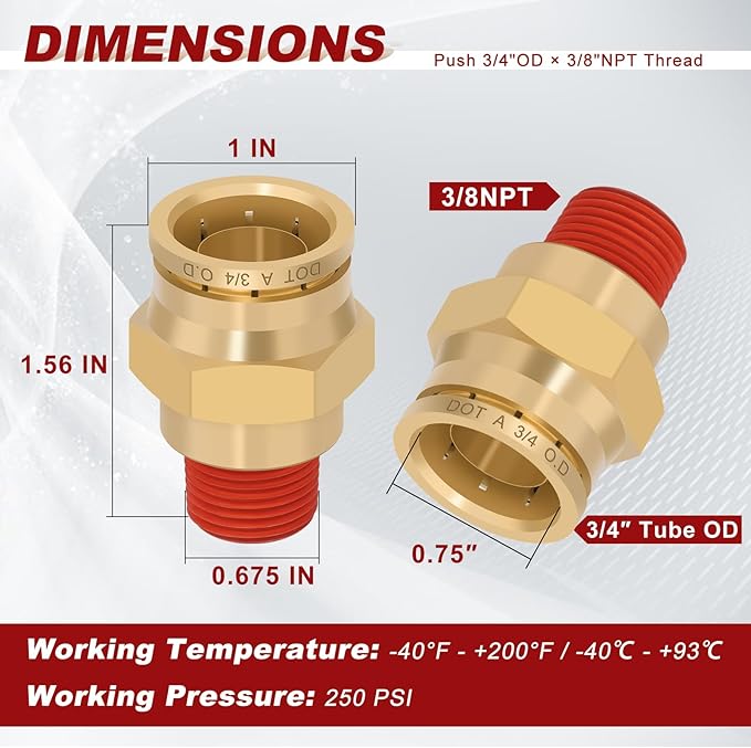 3/4" Quick Push to Connect Fittings Brass Union Straight Joint DOT Approved 3/4" Tube OD x 3/8" NPT Thread Air Line Adapter Air Suspension Kit for Truck Trailers and Air Brake System 10pcs