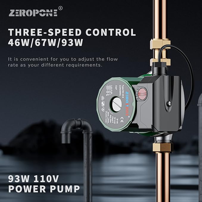 Hot Water Recirculating Pump, 93W Water Circulator Pump NPT 3/4" w/NPT 1/2" Adapter, Stainless Steel Head,15-6S 3 Speed Control for Electric Water Heater System