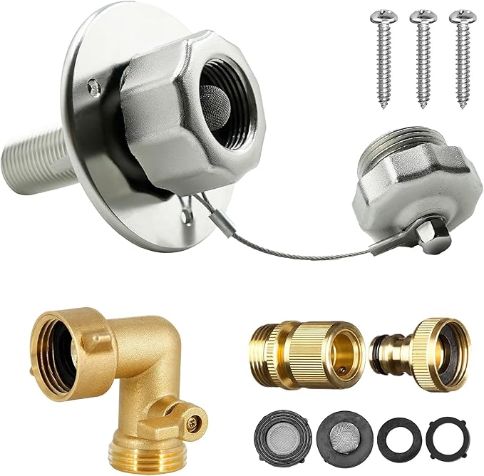 Stainless Steel RV Water Inlet with Quick Connector & 90-Degree Elbow, Leak-Free, Durable for RV, Camper, Boat, Motorhome, Easy Installation, Upgrade Replacement for Water Hookup