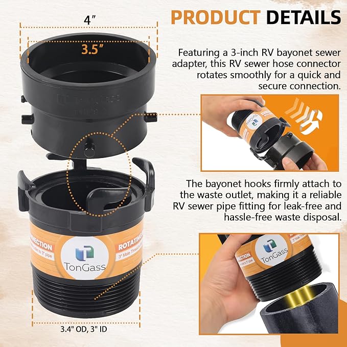 TonGass RV Sewer Pipe Adapter 3" Rotating Rigid Bayonet Adapter with Male Thread & Hooks, Termination Fitting with 3" Bayonet & Hub, RV Sewer Hose Connector for Waste Disposal - Black