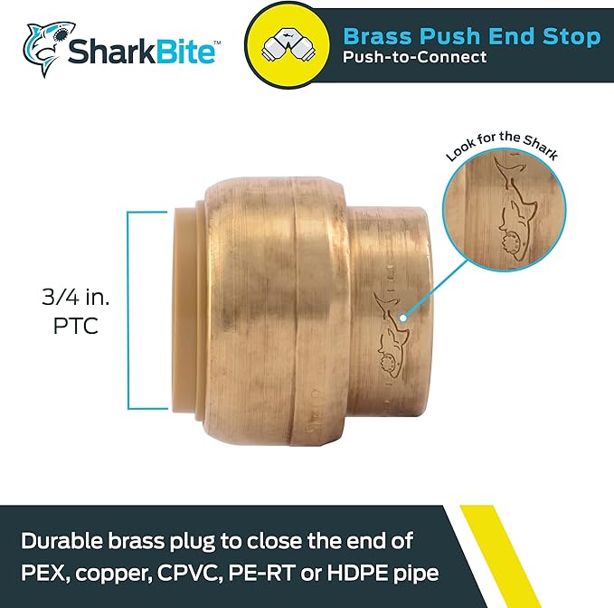 SharkBite 3/4 Inch Push Cap, Push to Connect Brass Plumbing Fitting, PEX Pipe, Copper, CPVC, PE-RT, HDPE, U518LFA