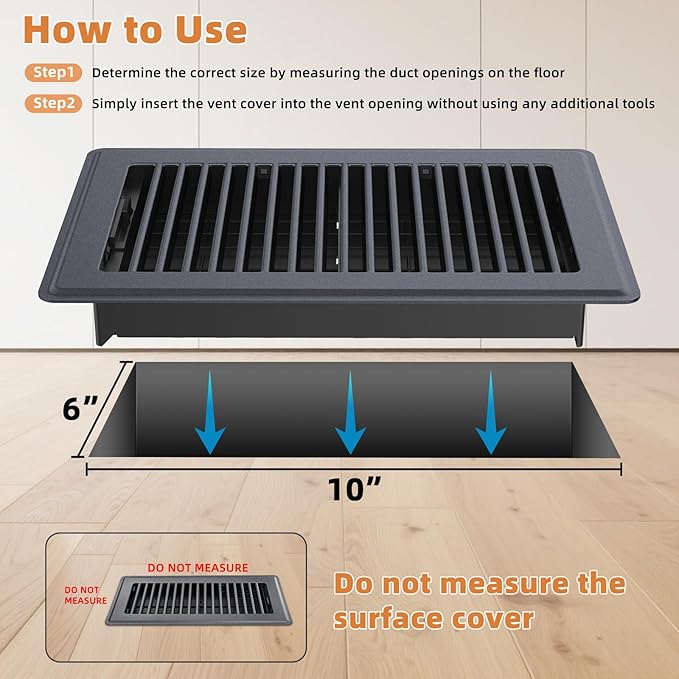6 x 10 Floor Register, Heavy - Duty Steel Adjustable Airflow Floor Vents, Rust - Resistant with Silent Operation Vent Covers for Home Floor - 4 Pack Dark Gray