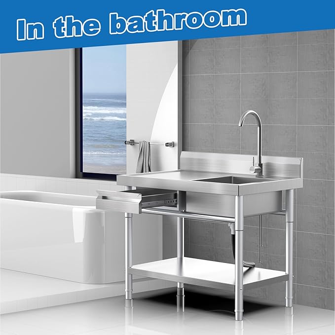 Stainless Steel Utility Sink Freestanding Single Bowl Laundry Sink with Hot and Cold Water Plumbing Workbench Drawers for Laundry Room Farmhouse Indoor and Outdoor Sink