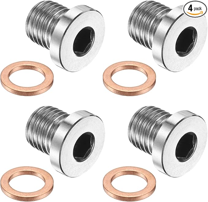 PATIKIL 4 Pcs M12 x 1.25 Metric Pipe Plug Fitting, 304 Stainless Steel Internal Hex Head Socket Pipe Cap Adapter Connector with Copper Washer for Sealing Oil Gas Water