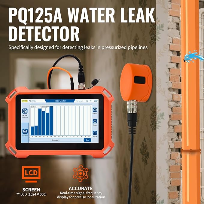 PQWT Underground Water Leak Detectors for Home PQ125A Wall Pipe Water Leakage Detection with Touchscreen Earphone and Carrying Case Multi Sensor Acoustic Pipeline Sound Intensifier