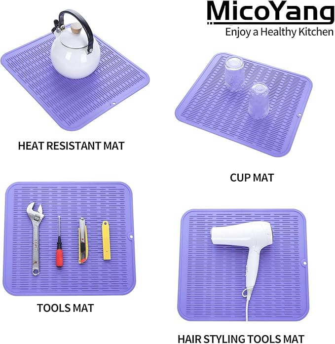 Silicone Dish Drying Mat for Multiple Usage,Easy clean,Eco-friendly,Heat-resistant Silicone Mat for Kitchen Counter or Sink,Refrigerator or Drawer Liner Light Purple XL 18 inches x 16 inches