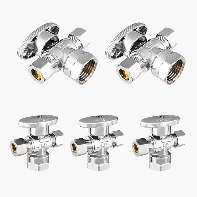 5-Pack GUOFIS Angle Stop Valve with Dual Compression Outlet,1/2" Fip Iron Pipe Inlet x (3/8" x 3/8") Outlet Shut-off Valves(1/4 Turn,Chrome)(VALVE369)