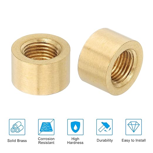 PATIKIL Lamp Pipe Brass Coupling Nut, 5 Pcs 10mm Long M10 Fine Round Thread Sleeve Lamp Pipe Adaptor Rod Connector Hardware for Light Fixture Assembly or Repair, 16mm OD.