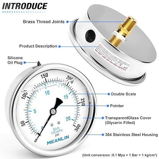 MEANLIN MEASURE 0~300Psi Stainless Steel 1/4" NPT 4" FACE DIAL Liquid Filled Pressure Gauge WOG Water Oil Air Back Mount, with 1/4" x 1/2" NPT and 1/4" x 3/8" NPT Hex Bushing