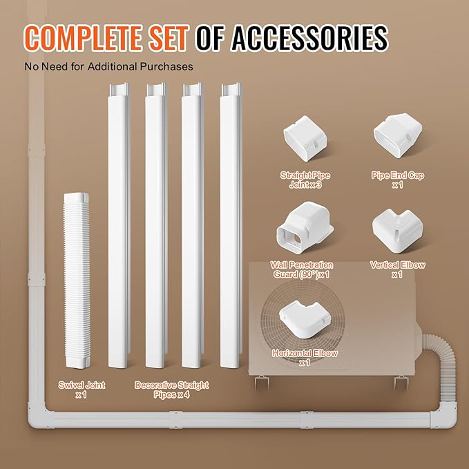 VEVOR Mini Split Line Set Cover 3-inch W 15.8Ft L, PVC Decorative Pipe Line Cover for Air Conditioner with 4 Straight Ducts & Full Components Easy to Install, Paintable for Heat Pumps, White