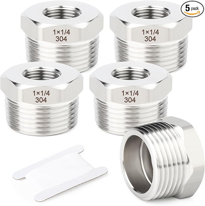TAISHER 5PCS 304 Stainless Steel New Reducer Hex Bushing, 1" NPT Male x 1/4" NPT Female, Reducing Pipe Adapter Fitting