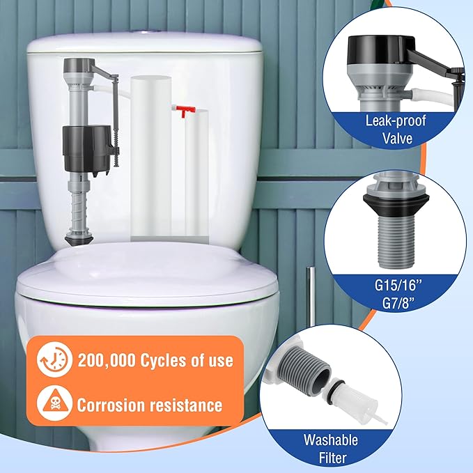 Saillong 1 Pack Toilet Fill Valve Replacement, Height Adjustable Universal Toilet Tank Flusher Replacement Kit, Leak-Proof Easy Install Fill Valve Repair Kit