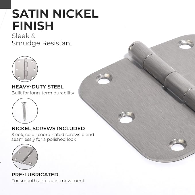 30 Pack Rounded Satin Nickel Door Hinges Matte 3.5 Inch 5/8" Radius Interior 3 1/2 Inch Flat Iron Bifold Residential Standard Bedroom Interior Exterior and Closet Doors 3 ½ x 3 ½" Heavy Duty Hardware