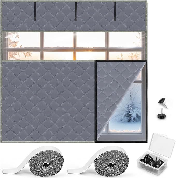 Window Insulation Kit for Winter 75'' x 79'' Visible Thermal Window Insulations Reusable Oxford Cloth Cotton Layer Thermal Window Cover Insulated Window Cover Warm Waterproof Attic Insulation Cover