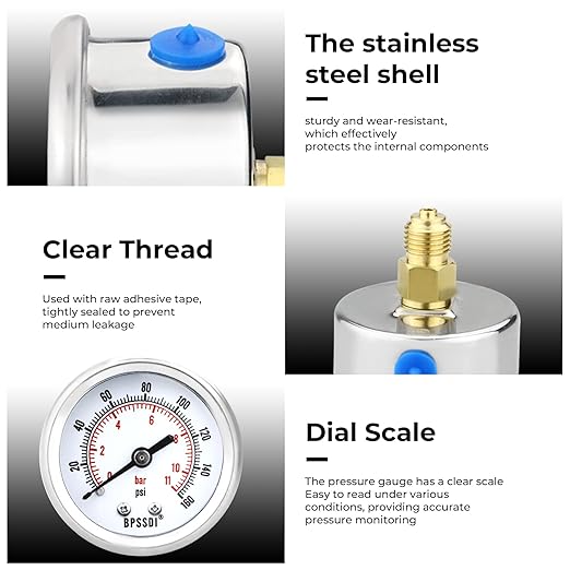 0-160 Psi Low Pressure Gauge, 2" Dial Size, 1/4 NPT Back Mount, Stainless Steel Case for Water Pressure Gauge Test for Water Pipe, HVAC(with Tape)