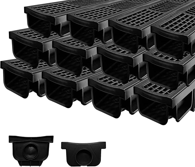 B Class Driveway Channel Drain with HDPE Grate-19.7Lx5.5Wx3.9H in. Shallow Profile Trench Drain System,12 Pack Total Length 236.22in,Heavy Duty Trench Drain for Garage,Parking Lot,Concrete